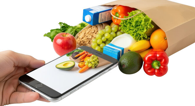 Modern grocery shopping with smartphone app convenience delivery service isolated on transparent background