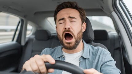 Driver Yawning Behind the Wheel Demonstrating Fatigue While Driving in a Car on the Road During Daylight Hours