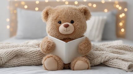 Fototapeta premium Soft Teddy Bear Holding an Open Storybook on a Cushioned Bed Surrounded by Fairy Lights Capturing a Cozy and Magical Atmosphere