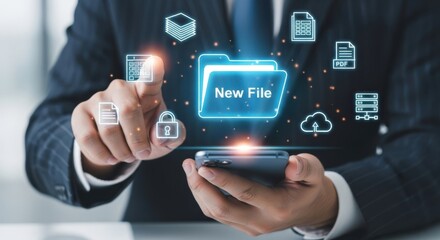 Digital File Management: Businessman Using Phone to Interact with Floating 'New File' Folder and Data Icons for Secure Storage and Access