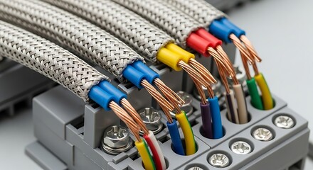Close-up of industrial electrical wiring with exposed copper conductors and protective shielding