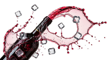 Fototapeta premium A dramatic splash of red wine with ice cubes, isolated on transparent background the wine pours from a dark bottle, creating a dynamic and visually striking image