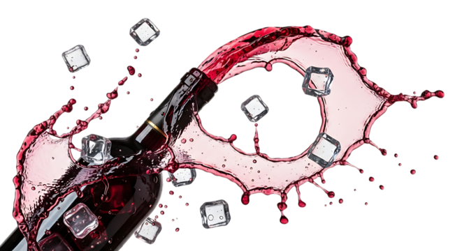 A dramatic splash of red wine with ice cubes, isolated on transparent background the wine pours from a dark bottle, creating a dynamic and visually striking image