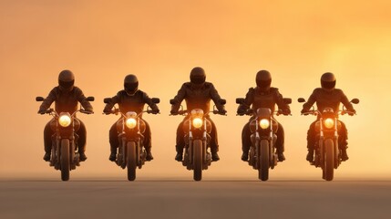 Fototapeta premium Motorcycle Riders in Leather Gear Cruising on Highway During Sunset for an Adventure Lifestyle Visual Experience