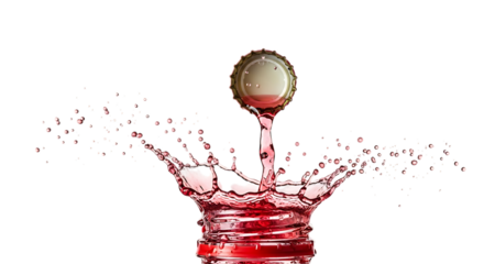 Captivating image of a red liquid splashing from a bottle with a cap suspended above, creating a crownlike effect against an isolated on transparent background, symbolizing a burst of flavor and refre