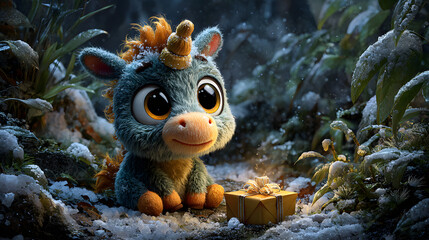 Unicorn Discovering a Glowing Present in Snowy Forest – Magical Christmas Illustration
