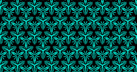 Green geometric seamless pattern with interlocking abstract leaf-like shapes creating a stylish textile design.