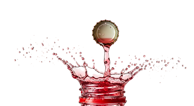 Captivating image of a red liquid splashing from a bottle with a cap suspended above, creating a crownlike effect against an isolated on transparent background, symbolizing a burst of flavor and refre