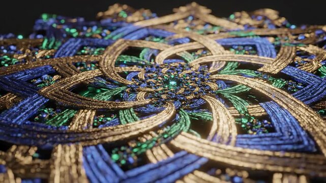 Intricate Fractal Pattern - This video displays a detailed fractal design featuring interlocking strands colored in gold, blue, and green, creating an intricate and mesmerizing pattern.