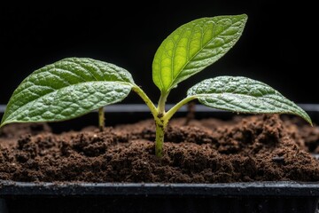 Young green seedling with fresh leaves emerging from rich soil in dark background