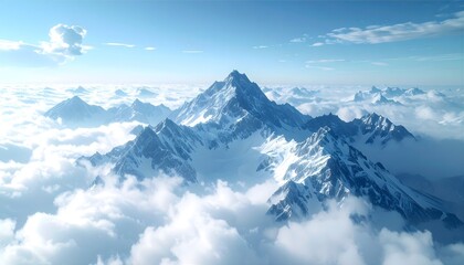 Obraz premium Majestic Snow Capped Mountain Peaks Above Clouds, Bright Blue Sky