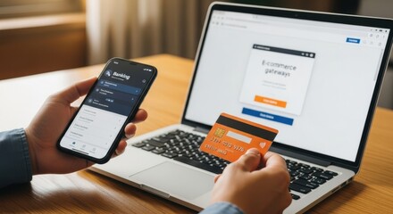 E-commerce Online Payment: Hands Holding Phone and Credit Card for Secure Banking and Electronic Transaction on Laptop