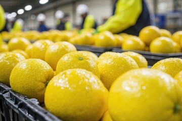 Fresh yellow lemons in industrial processing facility closeup with workers in uniforms