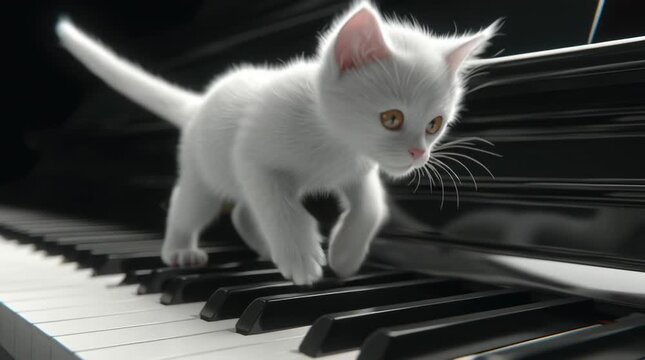 cute white kitten skipping across piano keys on a black grand piano, photorealistic,