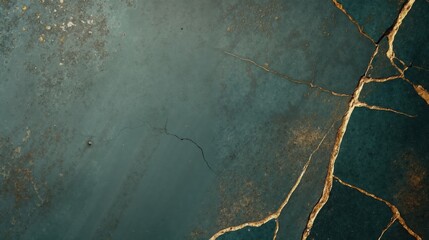 Aged teal concrete wall with large cracks and weathered texture detailing background