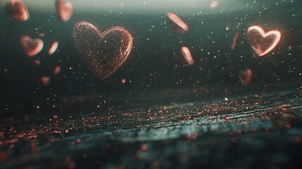 Soft glowing hearts floating on navy pastel gradient with diffused light and sparkle