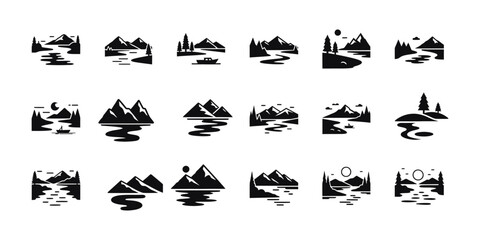 Naklejka premium Collection of mountain and lake silhouettes isolated on white background art
