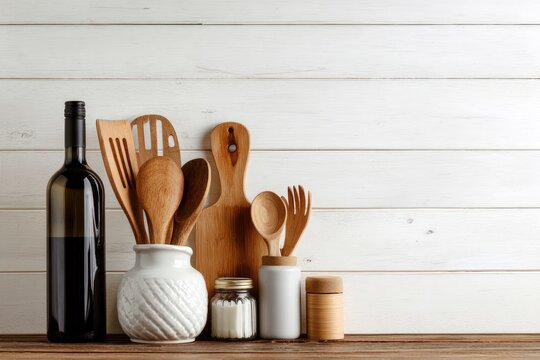 This inviting still life showcases a collection of essential kitchen tools and culinary items arranged artfully on a rustic wooden surface. A dark glass bottle stands prominently next to a white ceram