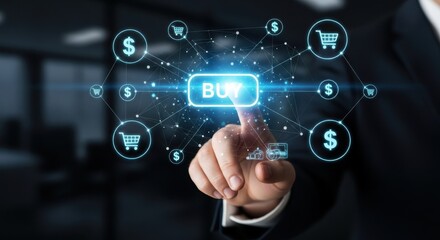 Online Shopping and Buy Button: Hand Touching Glowing 'BUY' Text Surrounded by E-commerce Icons for Digital Transaction and Retail Growth