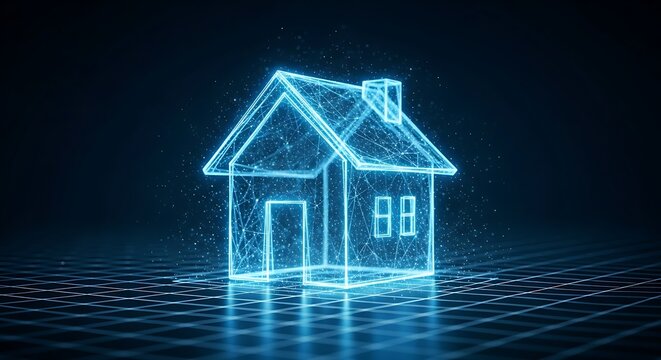 A glowing digital house made of particles hovers over a grid, representing smart home technology and modern architectural design in cyberspace - Powered by Adobe