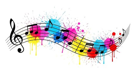 Vibrant musical staff adorned with colorful paint splatters, illustrating a dynamic blend of sound and artistic expression, perfect for creative and music-themed projects