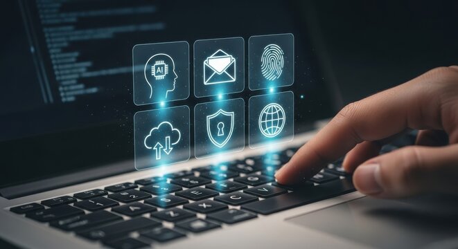 Cyber Security and Data Protection: Hand Typing on Laptop with Floating Icons for AI, Email, Fingerprint, Cloud, and Security for Digital Safeguarding