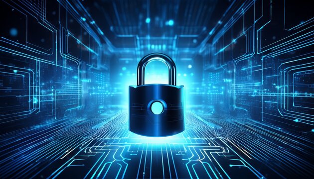 a high tech blue digital padlock symbolizing cybersecurity and data protection against unauthorized access - Powered by Adobe
