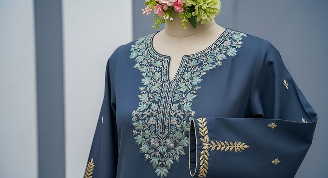 Elegant Teal Kurti with Intricate Floral Embroidery and Bell Sleeves on Mannequin Indian clothing women's fashion