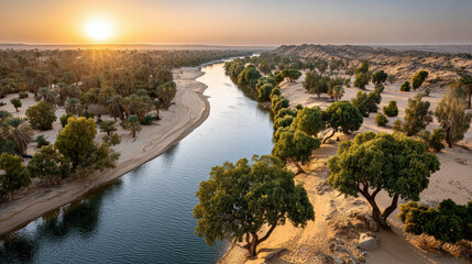 Serene sunrise over calm river flowing through lush oasis in arid desert landscape with verdant trees and vast horizon