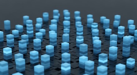 Abstract 3d rendering of a futuristic cityscape with blue columns of varying heights, creating a modern and technological background design