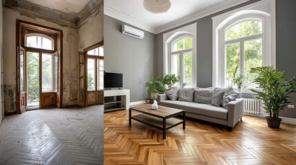 Comparison of abandoned and renovated living spaces with wooden flooring and large windows highlighting transformation.