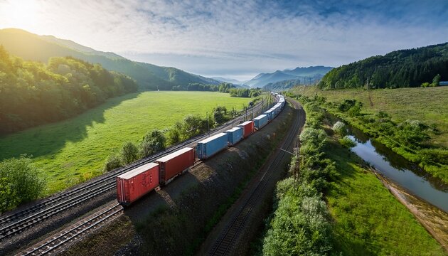 railway container transportation two freight trains with containers are traveling in parallel among green hills in nature in a beautiful place