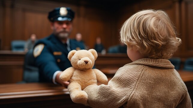 A young Caucasian boy receives a teddy bear from a police officer in a courtroom setting, evoking warmth and compassion.