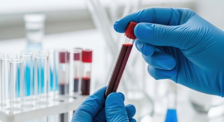 Medical Blood Sample Analysis: Hands in Blue Gloves Holding Test Tube with Blood for Laboratory Testing and Healthcare Diagnostics