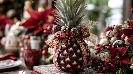 Christmas-themed PNG with pineapple centerpiece adorned with ornaments, ribbons, and festive embellishments