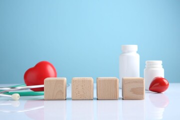 Stethoscope, pills, heart figures and blank wooden cubes on white table against light blue background. Mockup for design