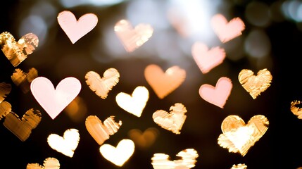 Shimmering gold and pink theme with floating hearts illuminated by delicate warm light