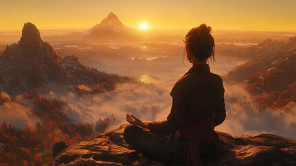 Woman meditating on mountain at sunset with stunning golden clouds and scenic view