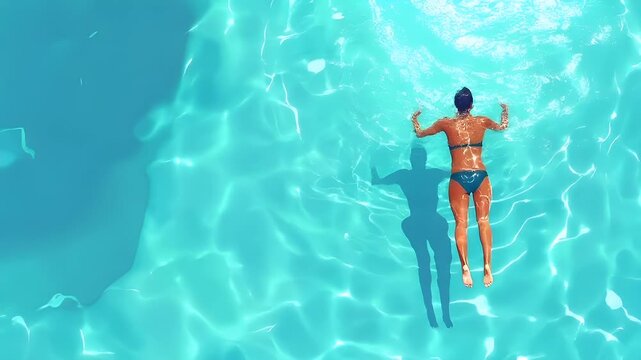 Aerial view of a swimming pool with clear blue water and sunlight filtering through, revealing a person floating in the water with arms raised.