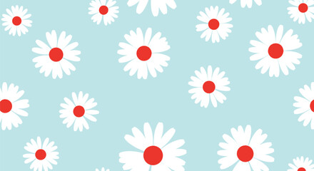 A bright and cheerful seamless pattern of simple white daisy flowers with vibrant red centers scattered across a gentle sky blue background.