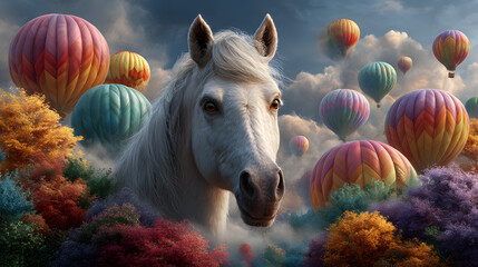Unicorn Floating with Pastel Hot Air Balloons Above the Clouds – Dreamy Fantasy Illustration