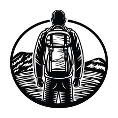 Silhouette of Traveler with Backpack on White Background