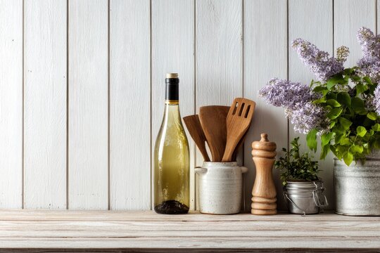 A charming and rustic kitchen still life arrangement featuring a clear bottle filled with light liquid, positioned alongside a ceramic holder brimming with various wooden cooking utensils. A classic w