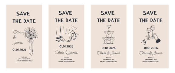 Save the Date. Hand-drawn wedding invitations. Doodles in ink: champagne glasses pyramid, bride and groom, wedding bouquet. Vector illustration. Minimalist design. For stories.