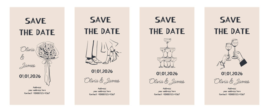 Save the Date. Hand-drawn wedding invitations. Doodles in ink: champagne glasses pyramid, bride and groom, wedding bouquet. Vector illustration. Minimalist design. For stories.