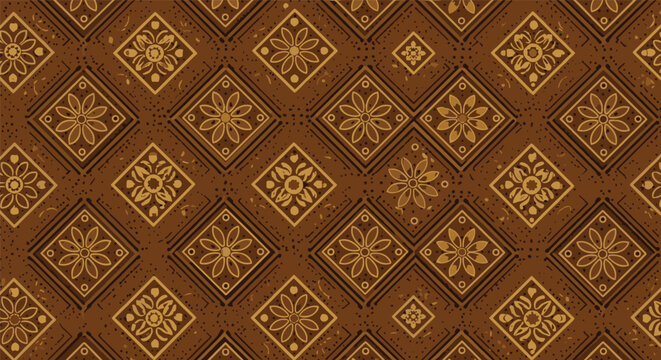 Vintage-inspired brown seamless pattern showcasing a rhythmic arrangement of floral motifs within rhombus shapes on a textured surface.