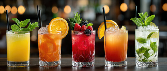 Vibrant assortment of colorful cocktails with fresh fruits and mint garnishes on a wooden bar counter in a cozy lounge setting