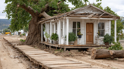 Historic weathered wooden house surrounded by fallen trees showcasing nature’s impact on architecture, concept of storm, hurricane, typhoon