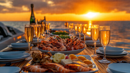 Sunset dining by the sea with seafood and champagne on elegant table setting at oceanfront