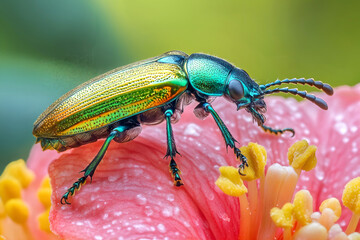 Close-up shot of vibrant green beetle on pink flower with yellow stamen in natural garden setting